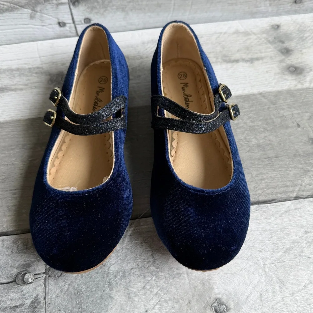 Mini Boden Kids Navy Blue Velvet Double Strap Glitter Mary Jane Shoes Size 28
